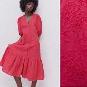 Zara Eyelet pink midi dress